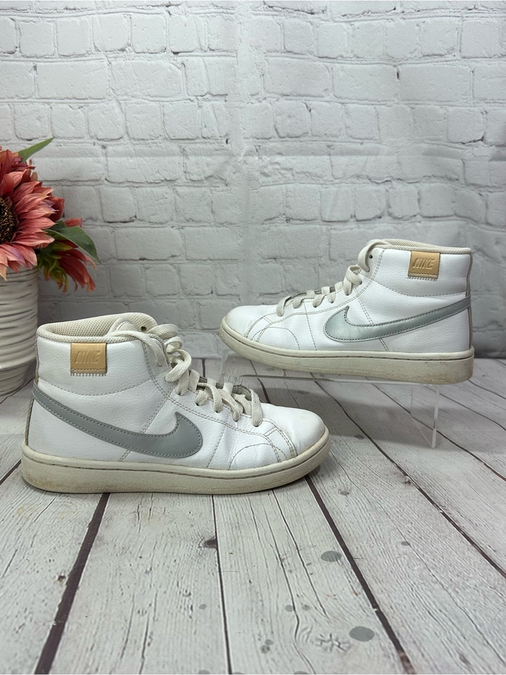 Nike Women’s White High-Top Sneakers with Silver Swoosh and Tan Patch